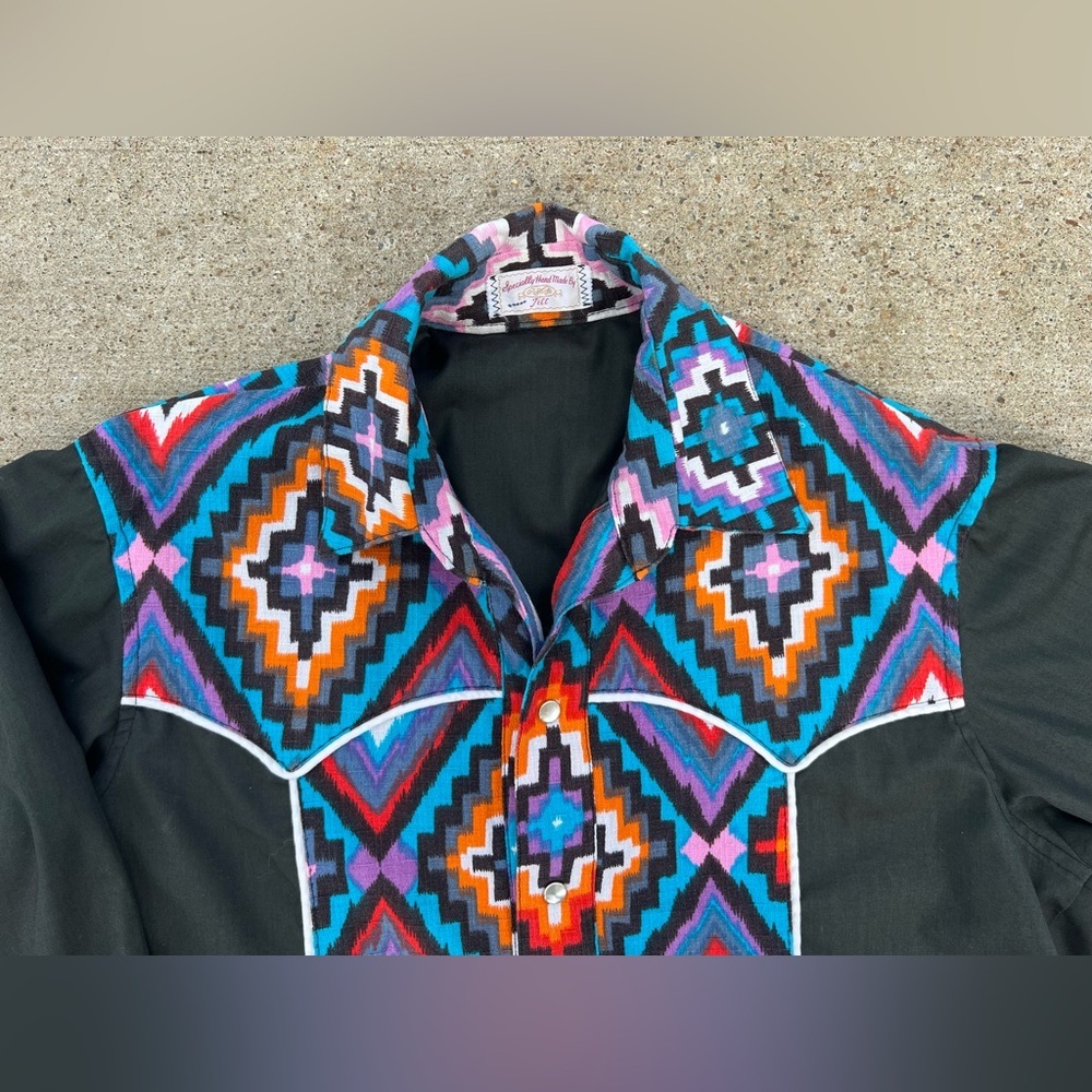 Western Pearl Snap Long Sleeve Shirt Black Men XL Geometric Pattern Handmade C11 - Picture 5 of 9